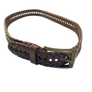 Dockers Men's Leather Belt Size 32 Brown Woven Logo Buckle
